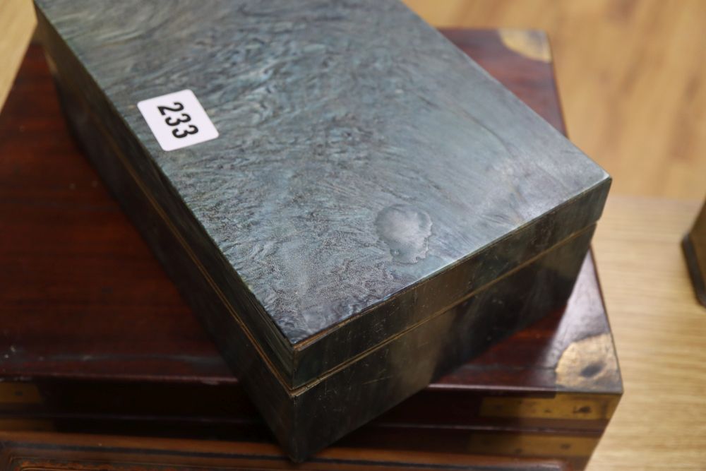 A mahogany military style inlaid writing box, 30 x 25 x 8cm, and two other boxes